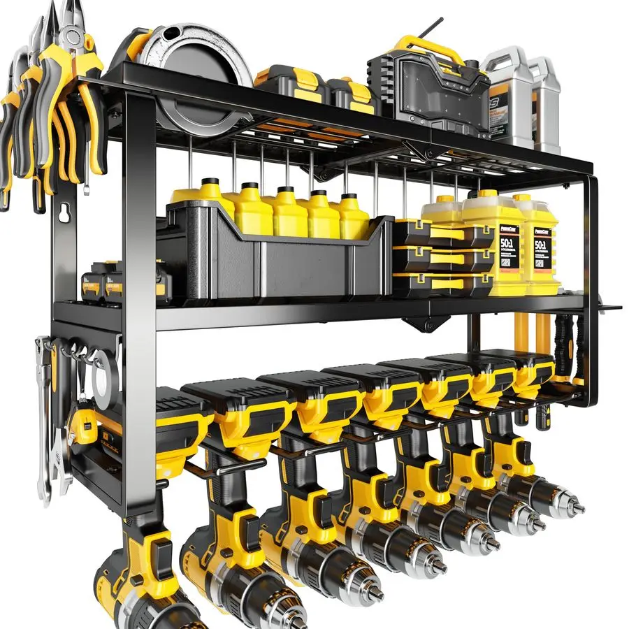

Duty Power Tool Organizer Wall Mount 300lb Capacity 3Tier Storage Rack with 7 Drill Holders for Garage Workshop Tools