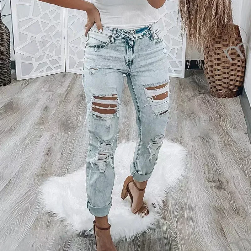 

Streetwear Jeans Fashion Slim Fit High Waist Hole Slimming Ripped Denim Trousers Women's 2023 Summer Washed Ripped Dress