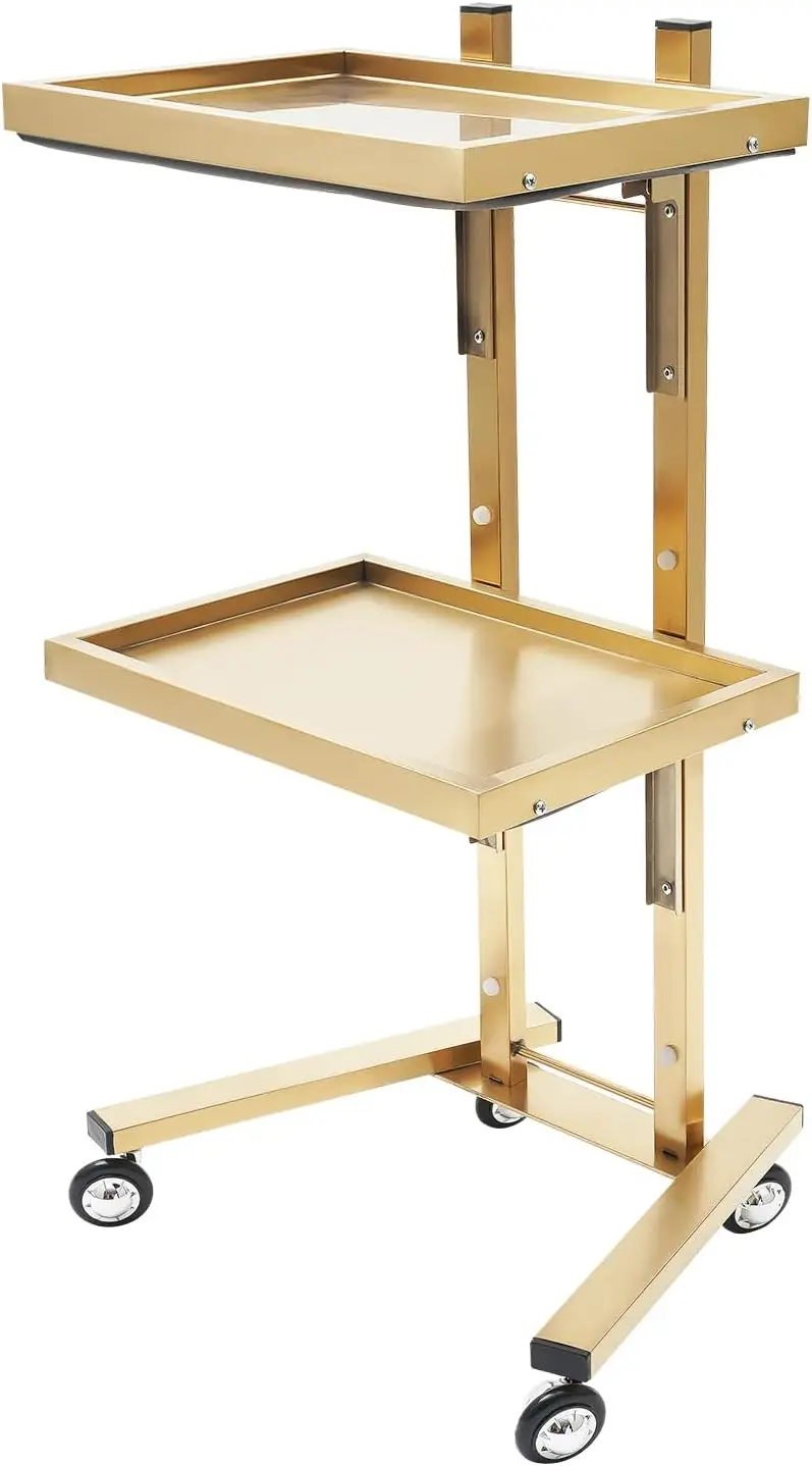 2 Tier Metal Rolling Cart Stainless Steel Salon Tray Wheels Multifunctional 2 Tray Foldable Utility Carts Folding Salon Tray Tro