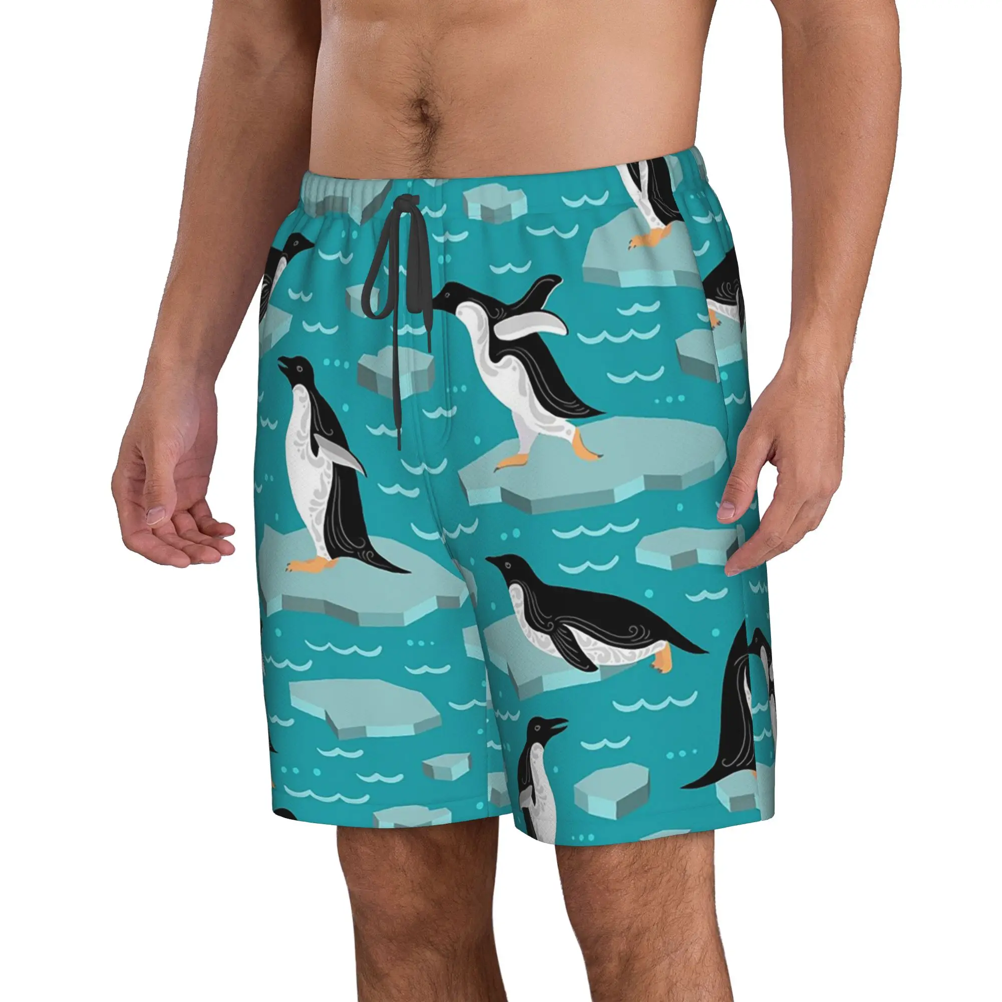 Polar Penguin Ice Surface Penguin Pattern Trunks Beach Board Shorts Casual Quick Dry Swimming Summer Men Pants