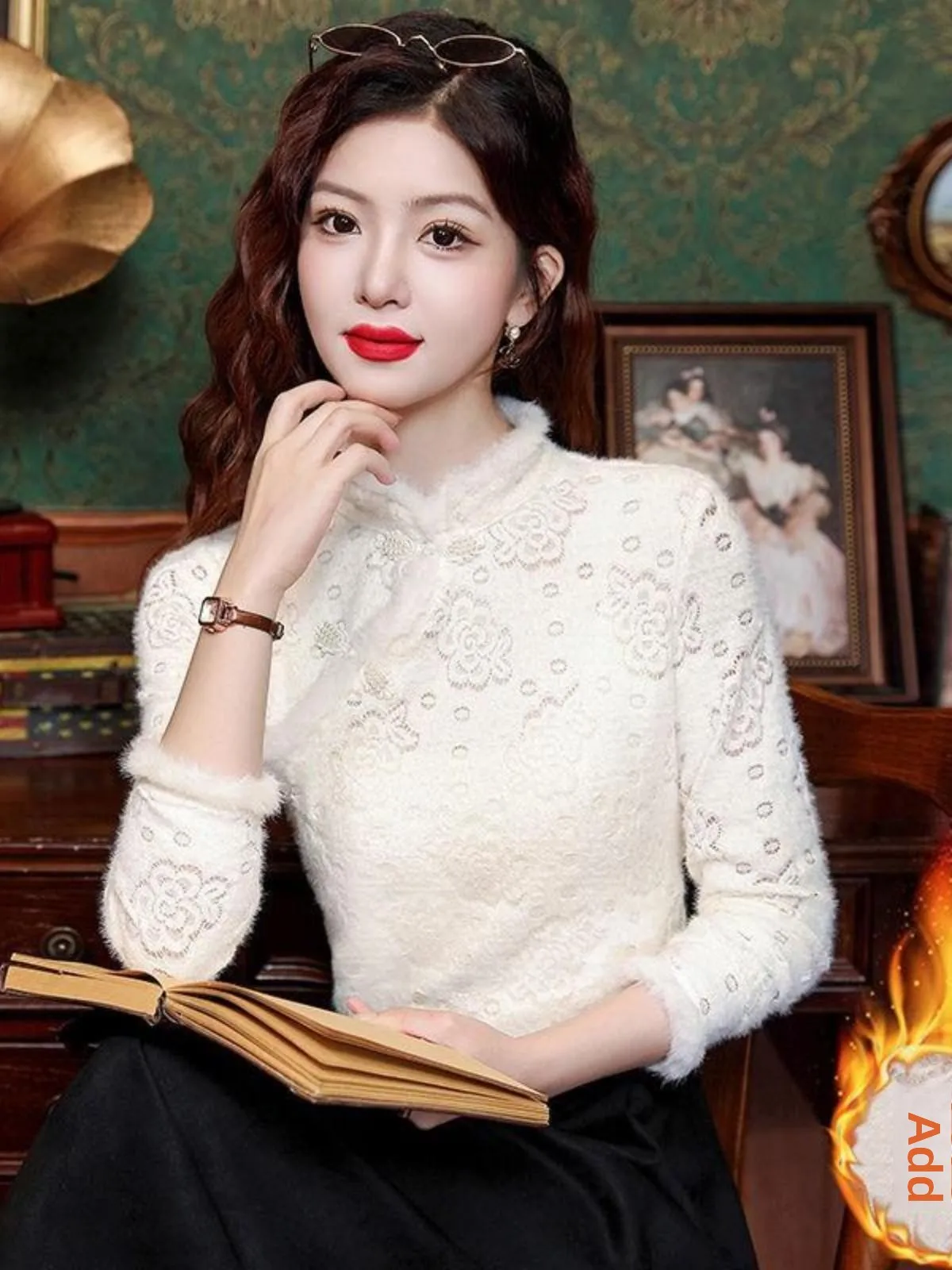 

New Chinese Style Fleece Lined Lace Base Shirt Women's Autumn Winter Warm Thickened Stand Collar Non-Parka Inner Wear