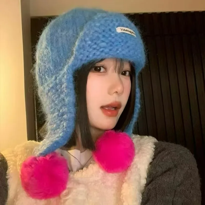Winter Knitted Trapper Hat Women Warm Ear Cover Cap Colorful Pom Pom Beanie Thick Soft Polyester Hat Streetwear Outdoor Walking