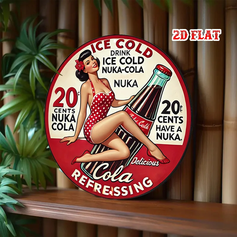2D Flat, 1pc Retro Pin-Up 7.87x7.87 Round Aluminum Sign - Vintage Nuke Cola Ice Cold Drink Metal Tin Wall Art, Refreshing Rustic view 5
