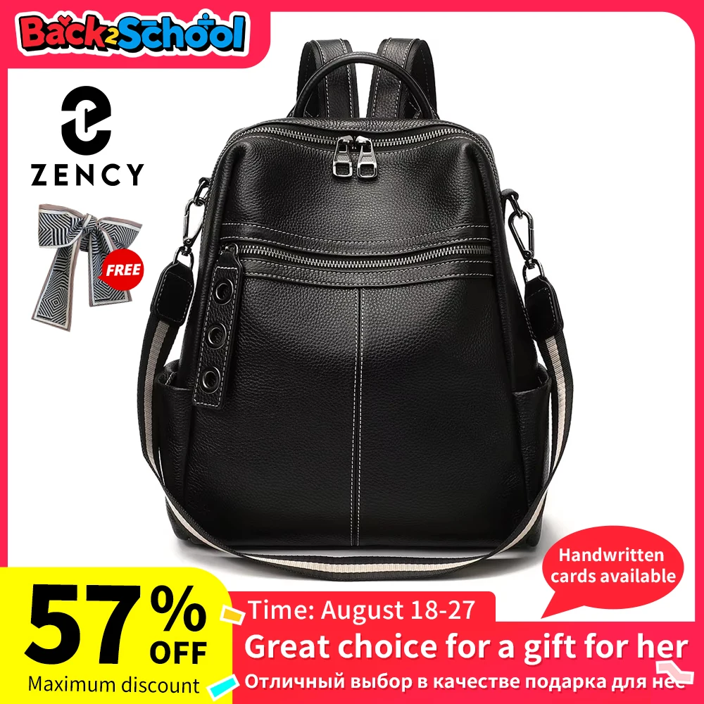 

Zency 100% Genuine Leather Backpack For Women's High Quality Black Shoulder Bag Commuter Travel School Satchel Female Shopper