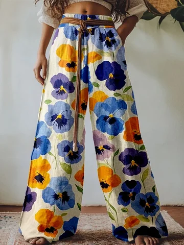New Women's Printed Wide-Leg Pants, Made of Breathable Fabric, with a Belt and Featuring a Bright Dandelion Pattern. Available in American Sizes, Shipped from Local Warehouse and Delivered Quickly. Retro Bohemian Style.