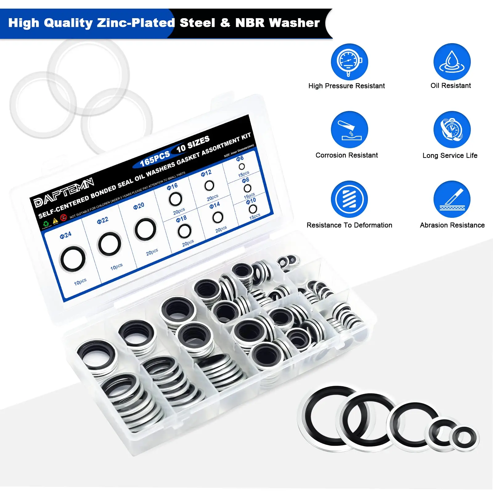 Metric Zinc-Plated Steel Self-Centred Sealing Rubber Washers Automotive Seal Gasket Crush O-Ring Assortment Kit Set M6 to M24