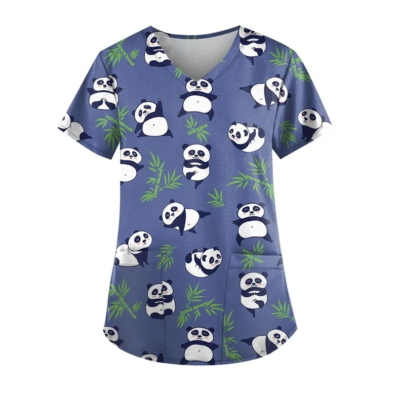 Nurse Cartoon Panda PrintVShort-sleeved nurse uniformTShirt Short-sleeved clinical care top with pocket patch Female medical