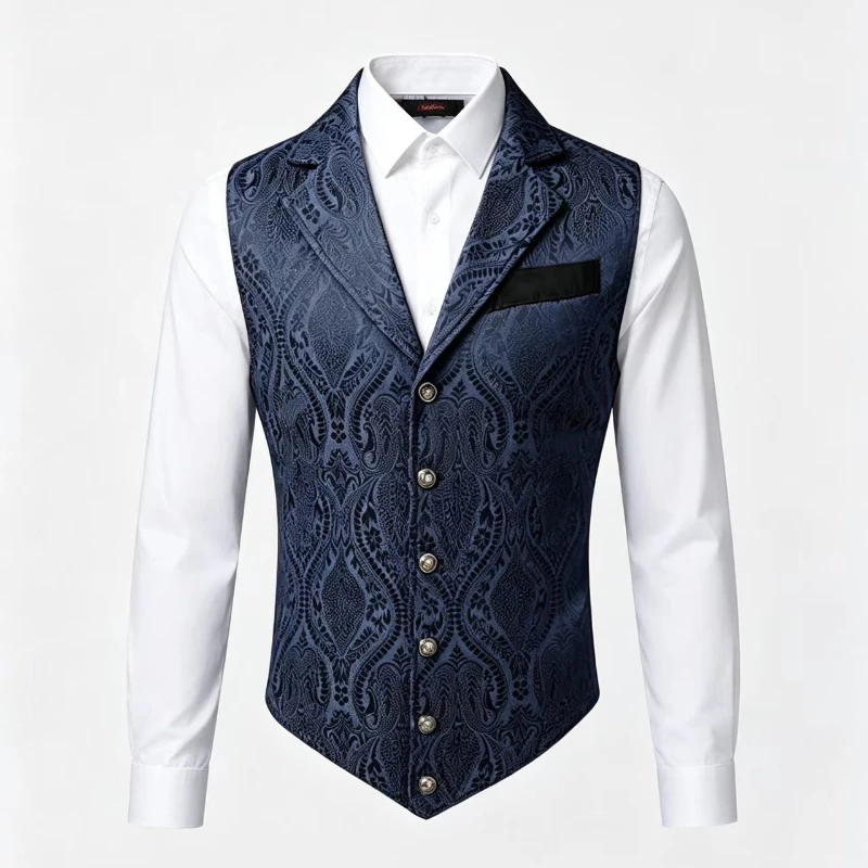 Men Victorian Floral Jacquard Suit Vest Lapel Single Breasted Slim Waistcoat Formal Wedding Business Tops Multi Colors