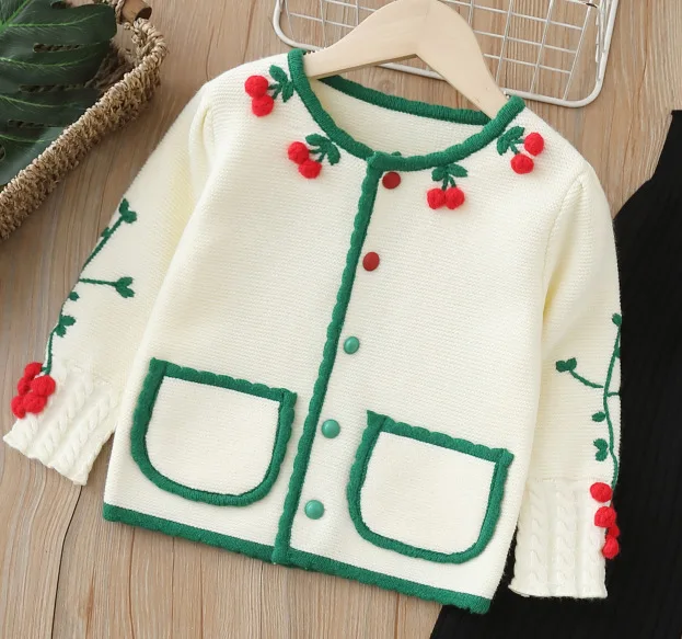 Children\'s Clothing Sets Cherry Knit Cardigan and Wide-leg Pants 2pcs Knit Sweater Kids Clothes Girls Winter Pullovers for Kids