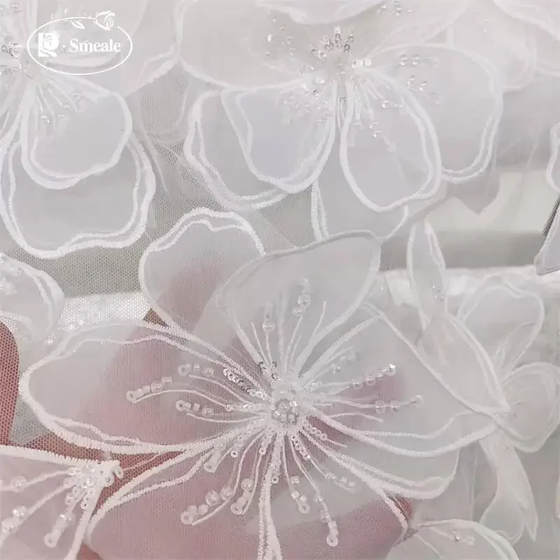 -White Large Flowers Beaded Sequins Wedding Dress Lace Fabric.3D Embroidered Applique Beautiful Bride  Decoration Accessories