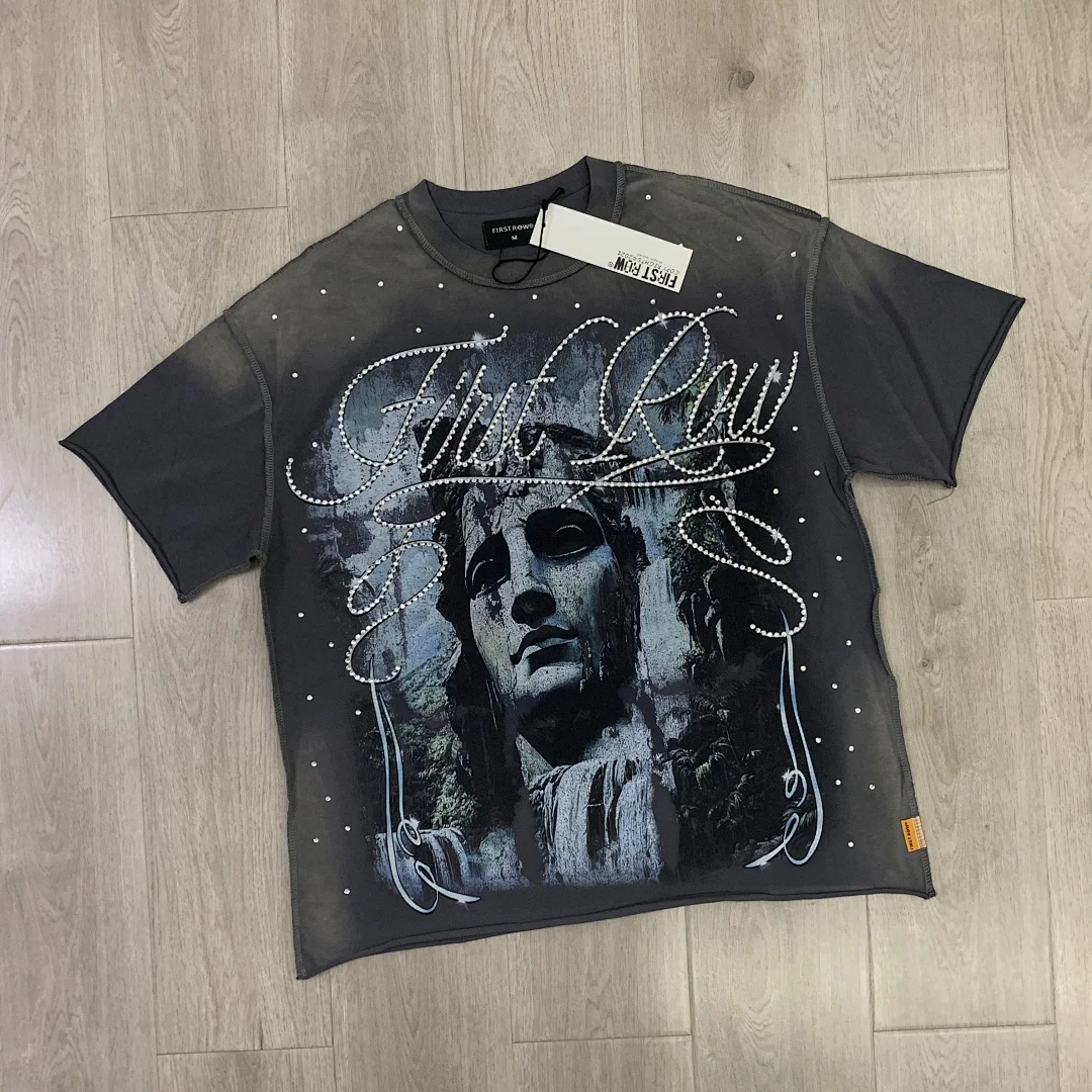 Suumer T shirt Grey Rhinestone Tee Men FIRST ROW Stone Sculpture Print T-shirt Retro Loose Casual Crew Neck Shirts Unisex