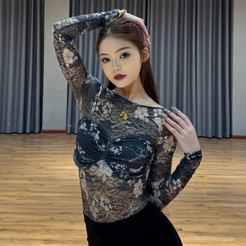 

Flower Lace Latin Dance Tops Long Sleeves Bodysuit Women Adult Rumba Ballroom Dance Practice Clothing Performane Tops