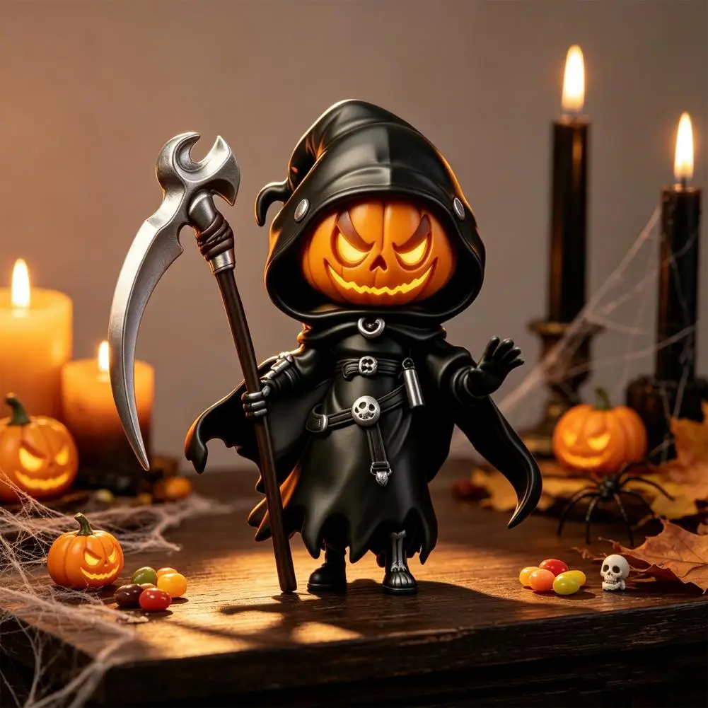 Halloween Pumpkin Reaper Figurine Cute Room Decor Halloween Pumpkin Reaper Statue Resin Hooded Pumpkin Ornament Black for Home
