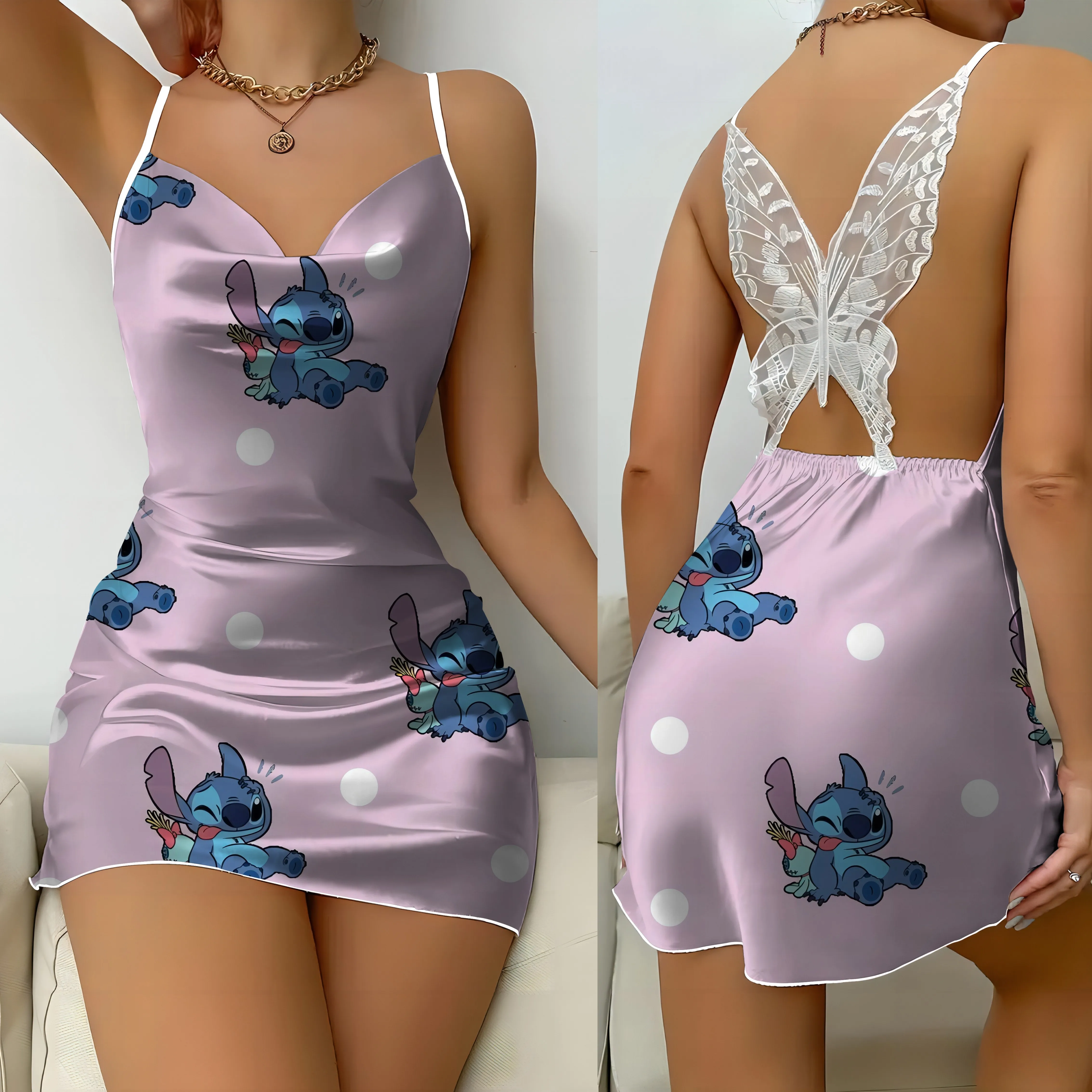 Vestido Disney sem costas com nó arco para mulheres, saia pijama, mini renda, ponto, superfície de cetim, vestidos sexy para festa, moda verão, 2024