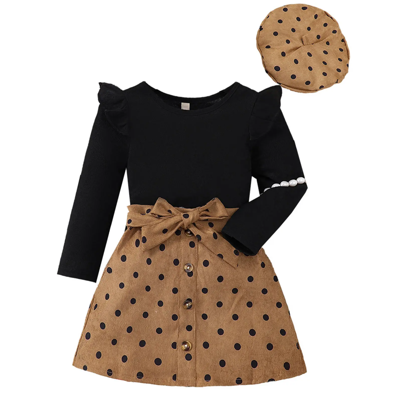 Toddler Baby Girls Ribbed Long Sleeve Tops with Polka Dot Skirt And Beret Hat Birthday Party Holiday Fall Winter Clothes Outfits