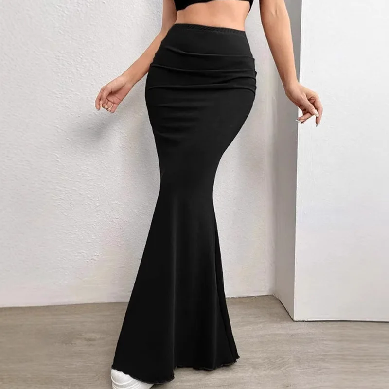 Solid Bodycon Ruches Lange Rok Vrouwen Sexy Zwarte Elastische Elegante Hoge Taille Zeemeermin Maxi Rokken Zomer Streetwear