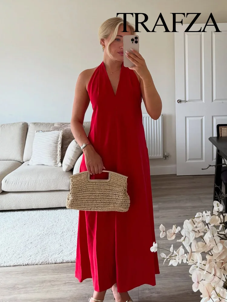 

HH Woman Summer Fashion Solid Hanging Neck Collar Backless 2-Color Dress Female Pleated Bow Decorate Midi Sleeveless Dress