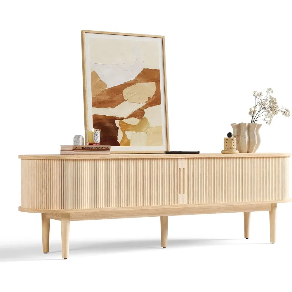 

TV Stand for 65" TV, Mid-Century Modern 58" Entertainment Center with Sliding Tambour Door and Storage Cabinet, Curved Profile M