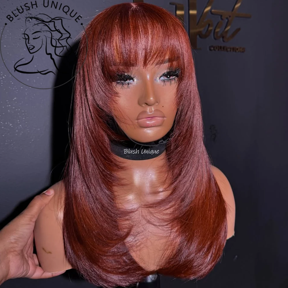 Reddish Brown Straight Layered Cut Lace Wigs with Bangs HD Lace Fake Scalp Synthetic Natural Layered Lace Front Wig Glueless Wig