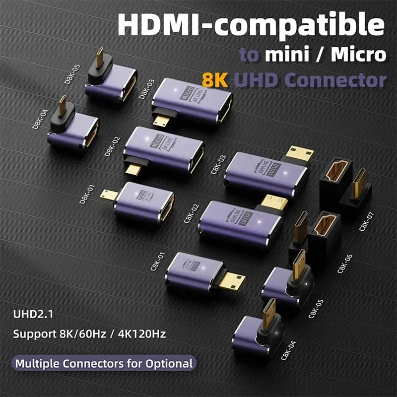 

HDMI-Compatible Adapter 90 270 Degree Right Angle Male to Female 8K HD Connector Mini/Micro MicroHDMI MINIHDMI 8K/4k@60HZ HDTV