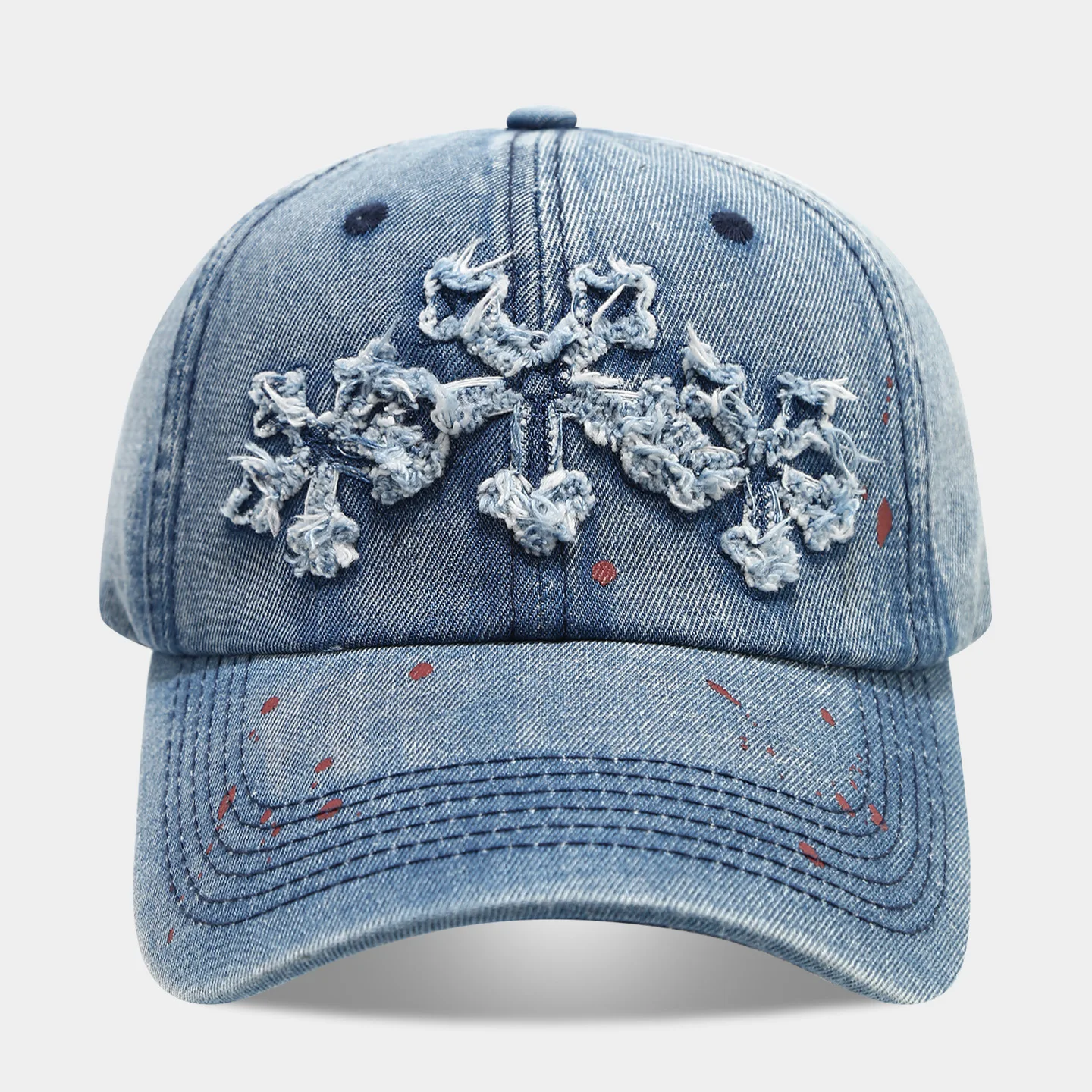 Cross Denim Baseball Cap Paint Splatter Distressed Ripped Dad Hat Y2K Grunge Korean Streetwear Deep Fit Small Face Effect Caps