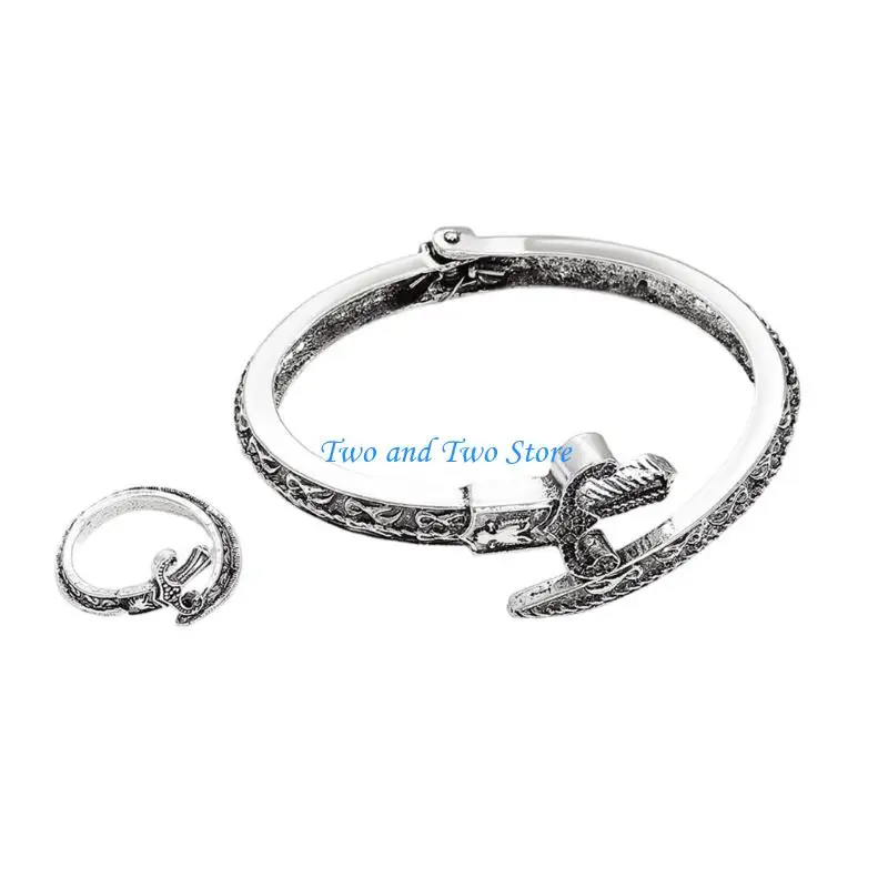 HX6F Practical Serpentine Shaped Adjustable Cuff with Matching Statement Rings Set
