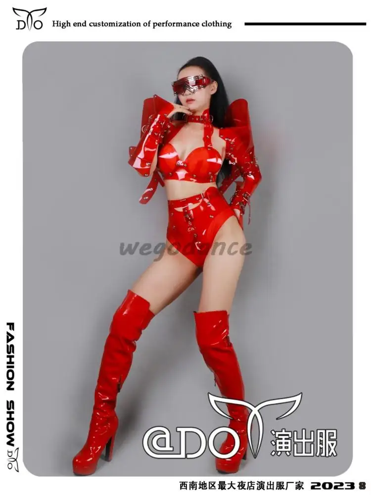 Pvc レザーナイトクラブバーゴーゴー女性のセクシーな透明な赤いリベット誇張 DS 女性歌手のパフォーマンスドレス