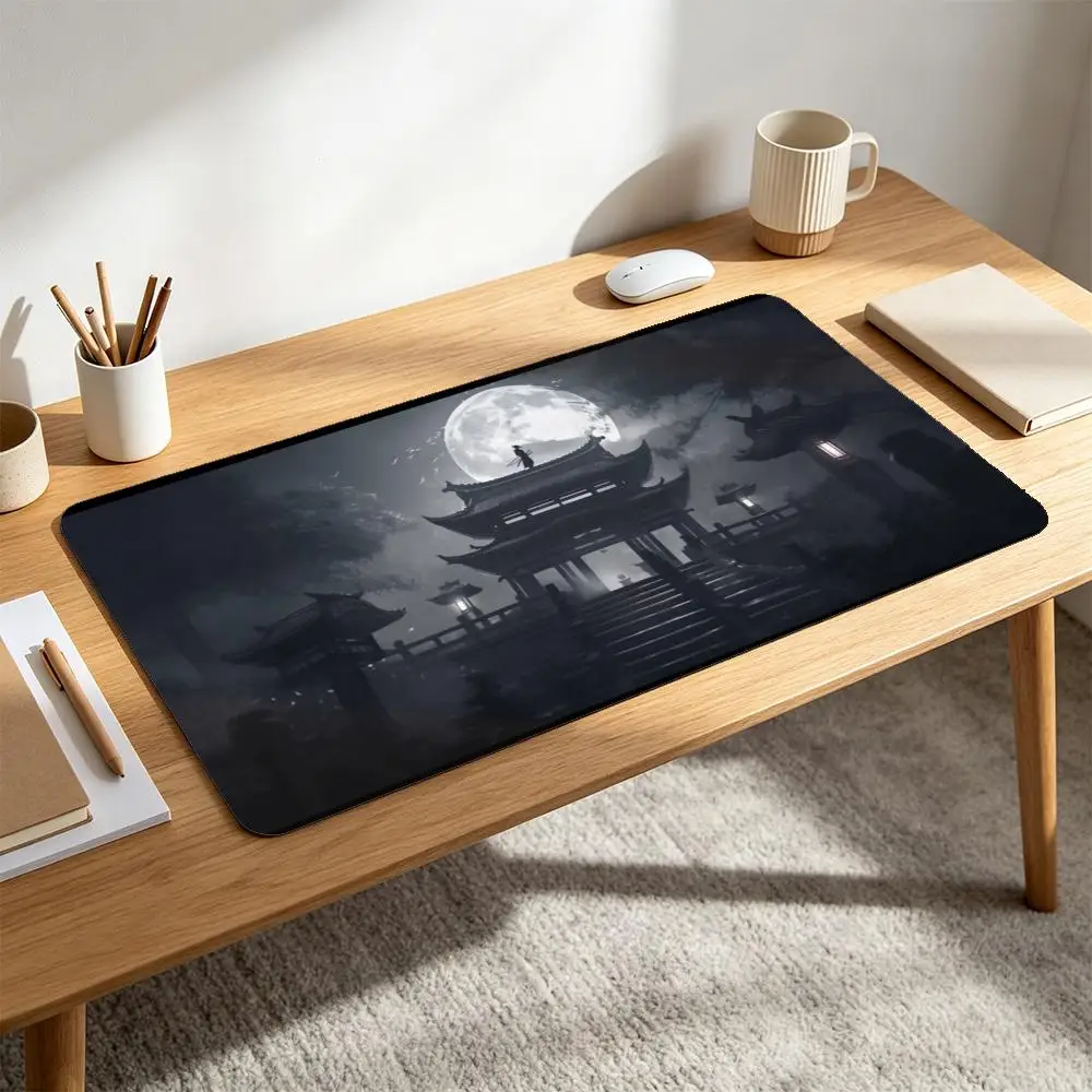 Large Monochrome Japanese Samurai Temple Desk Pad Heavy Duty Anti-Slip Mousepad Midnight Big Moon Pagoda alfombrillas gaming