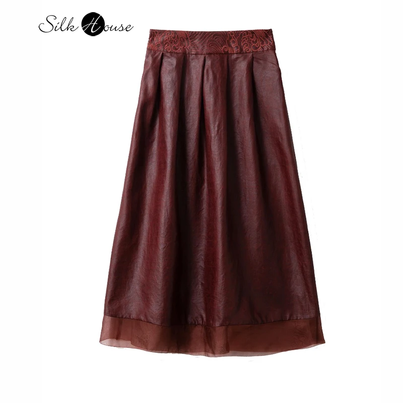 

Women's Fashion Autumn New Collection 100% Natural Mulberry Silk Red Cloud Yarn Elastic Waist Embroidered Red Brown A-line Skirt
