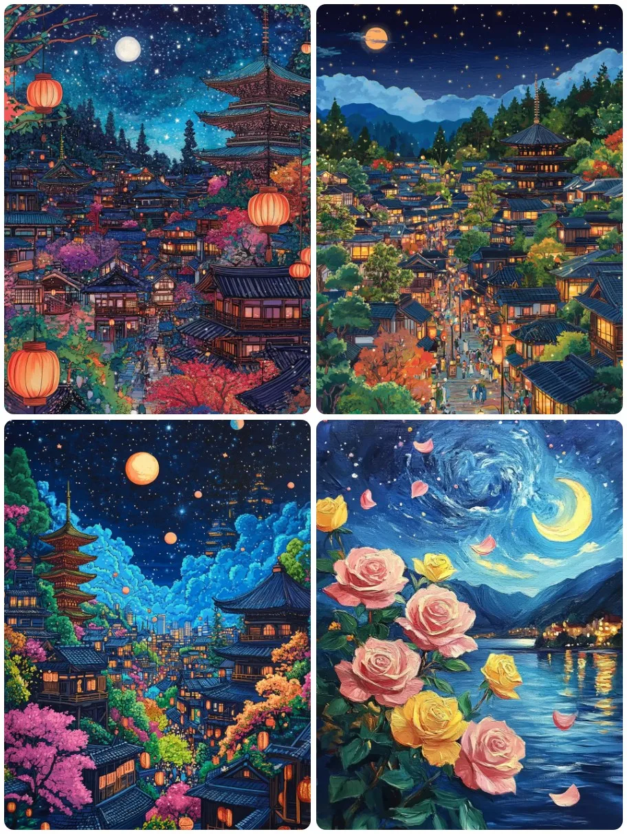 DIY Ancient Town Night View Jigsaw Puzzle, Pagoda Red Lantern Starry Sky Van Gogh Style Rose Lake Impasto Wall Decor