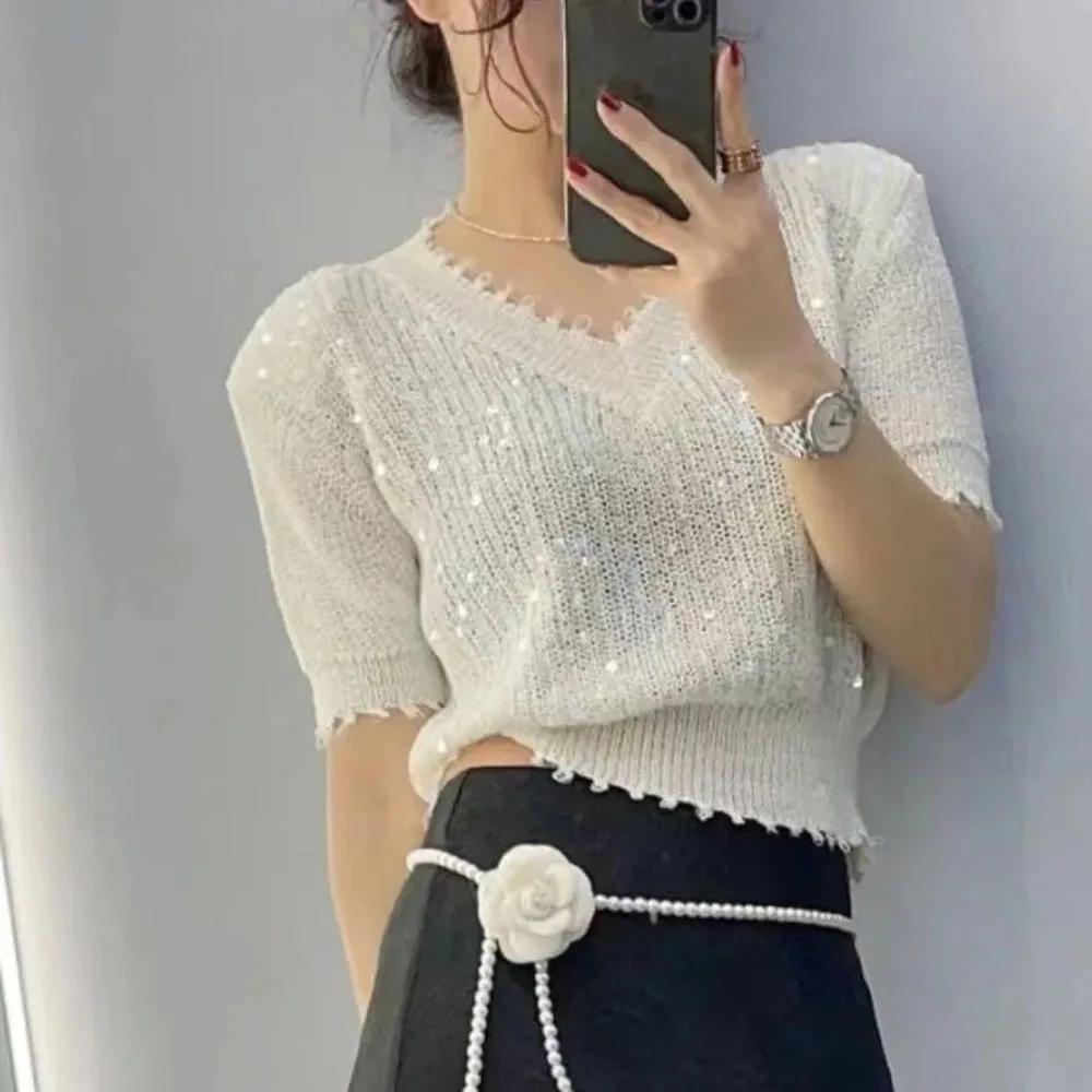 2024 Summer Sequins V-neck Sweater Women Short Sleeve Elegant Temperament Knit Pullover T-shirt Fashion Ladies Knitwear Jumpers