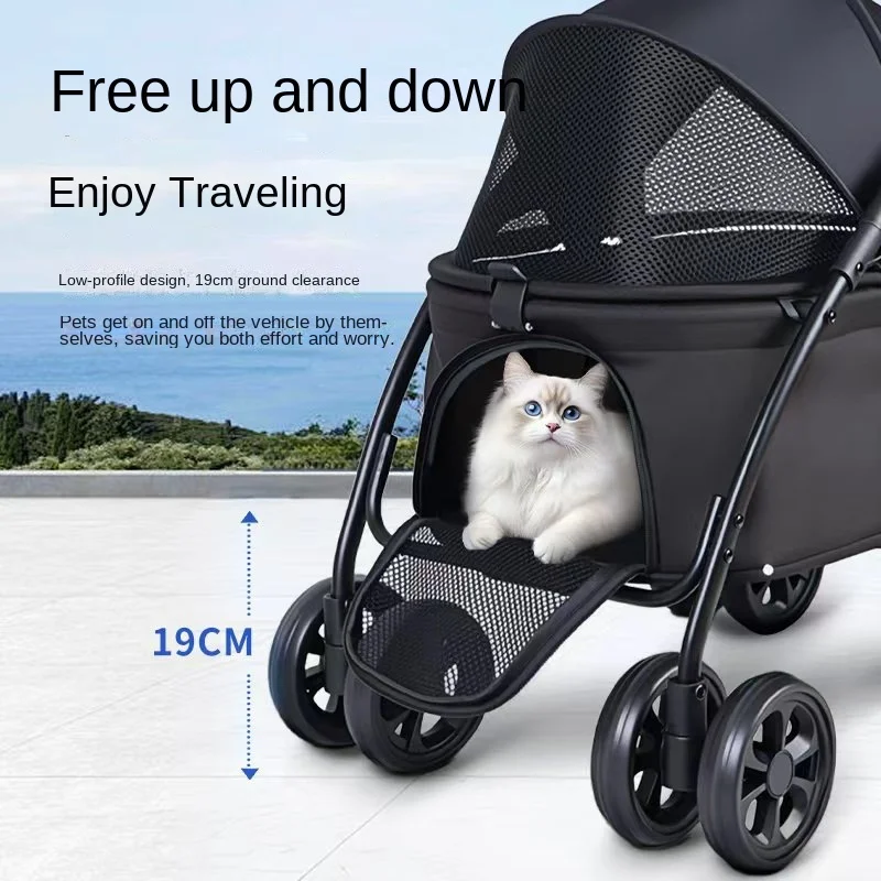 Lightweight Metal Folding Four-Wheel Shock-Absorbing Pet Stroller for Cats and Dogs-Outdoor Use Wholesale Available