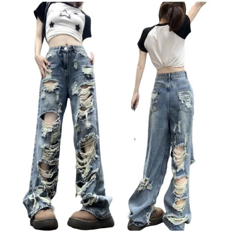 

High Street Holes design Jeans For Women, High Waisted Wide Leg Pants, Punk Style Hollow Out Denim Straight Leg Mop Trousers