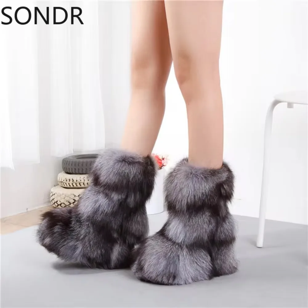 Womens Round Toe Mid Calf Boots Real Sliver Fox Fur Furry Hidden Heel Warm Winter Snow Shoes Custom Made Colors