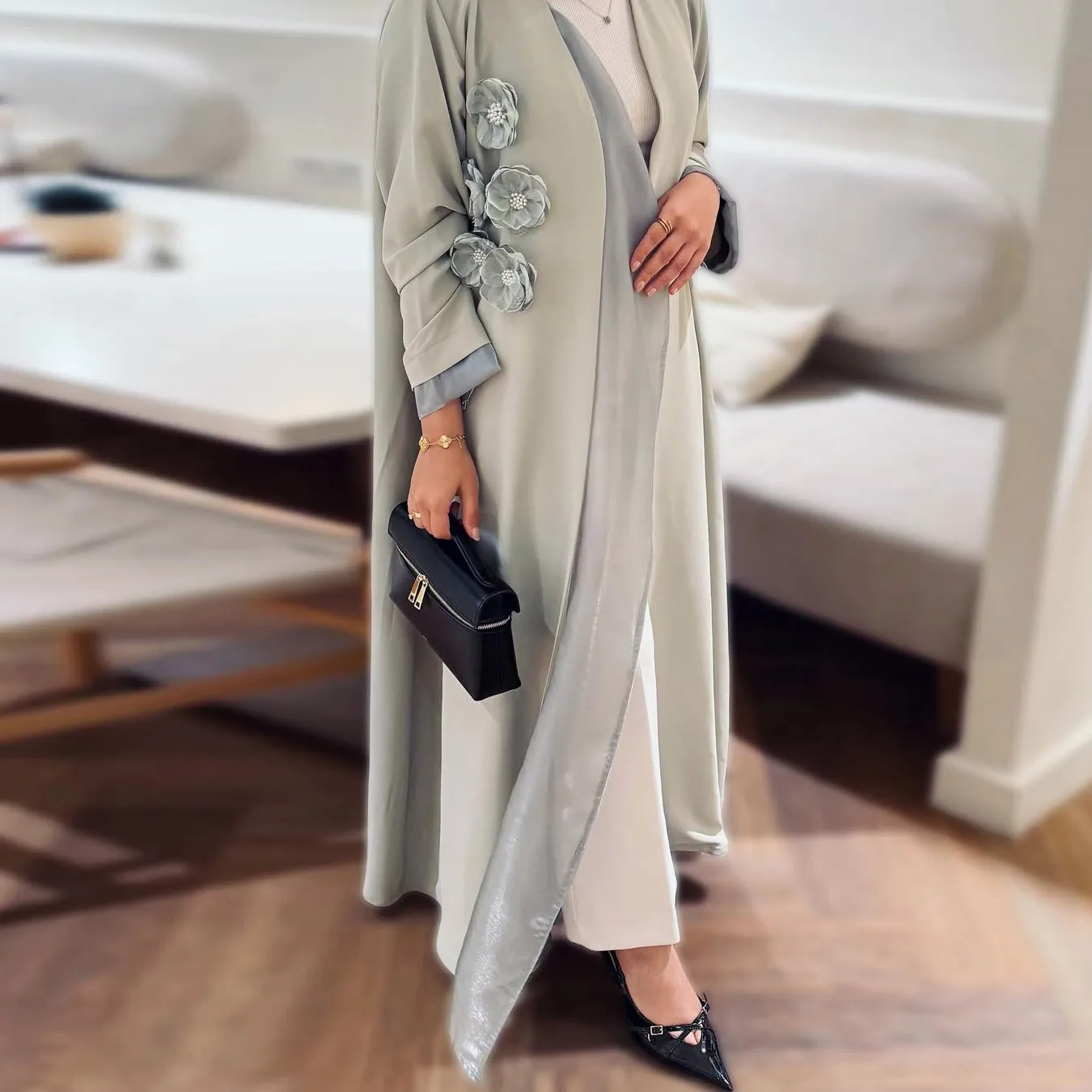 

SuperAen Elegant Cardigan Patchwork Three-dimensional Floral Decoration Muslim Fashion Summer New Green Long Coats