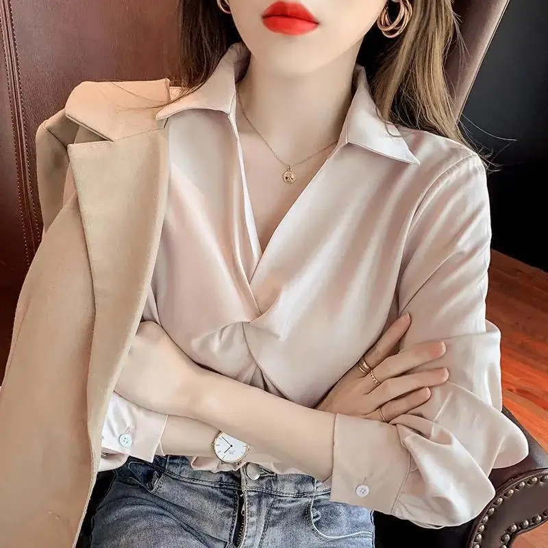Elegant Women Chic Satin Shirt Korean Fashion New Spring Autumn Fashion Long Sleeve Embroidered Flares Solid Office Lady Blouse