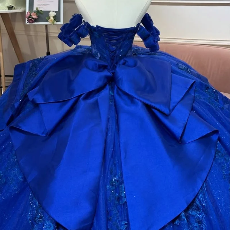 فستان Quinceanera باللون الأزرق الداكن اللامع كريستال لامع ثلاثي الأبعاد على شكل زهرة ملصق طويل بفيونكة فاخرة من Vestidos De 15 Quinceanera تخصيص #4