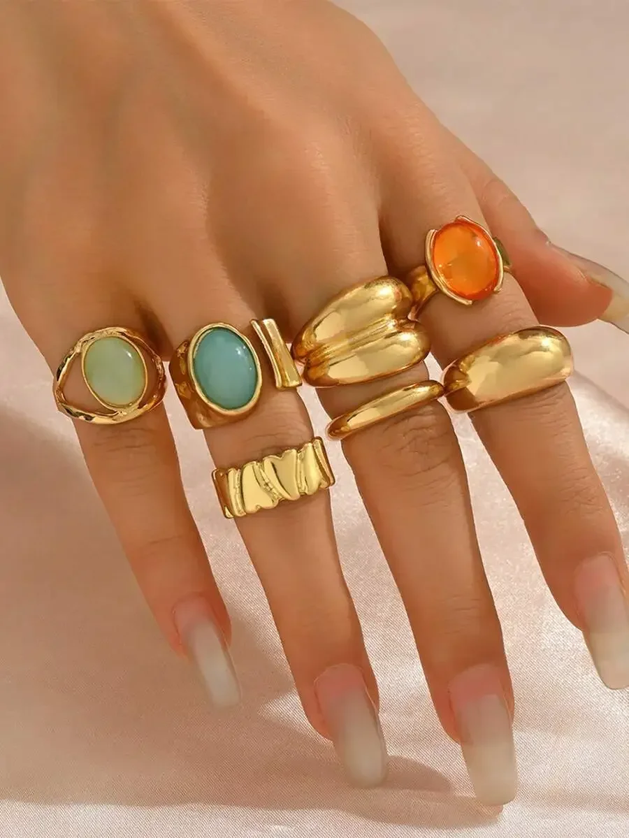 

12pcs Vintage Bohemian Layered Rings With Oval Gemstones For Women