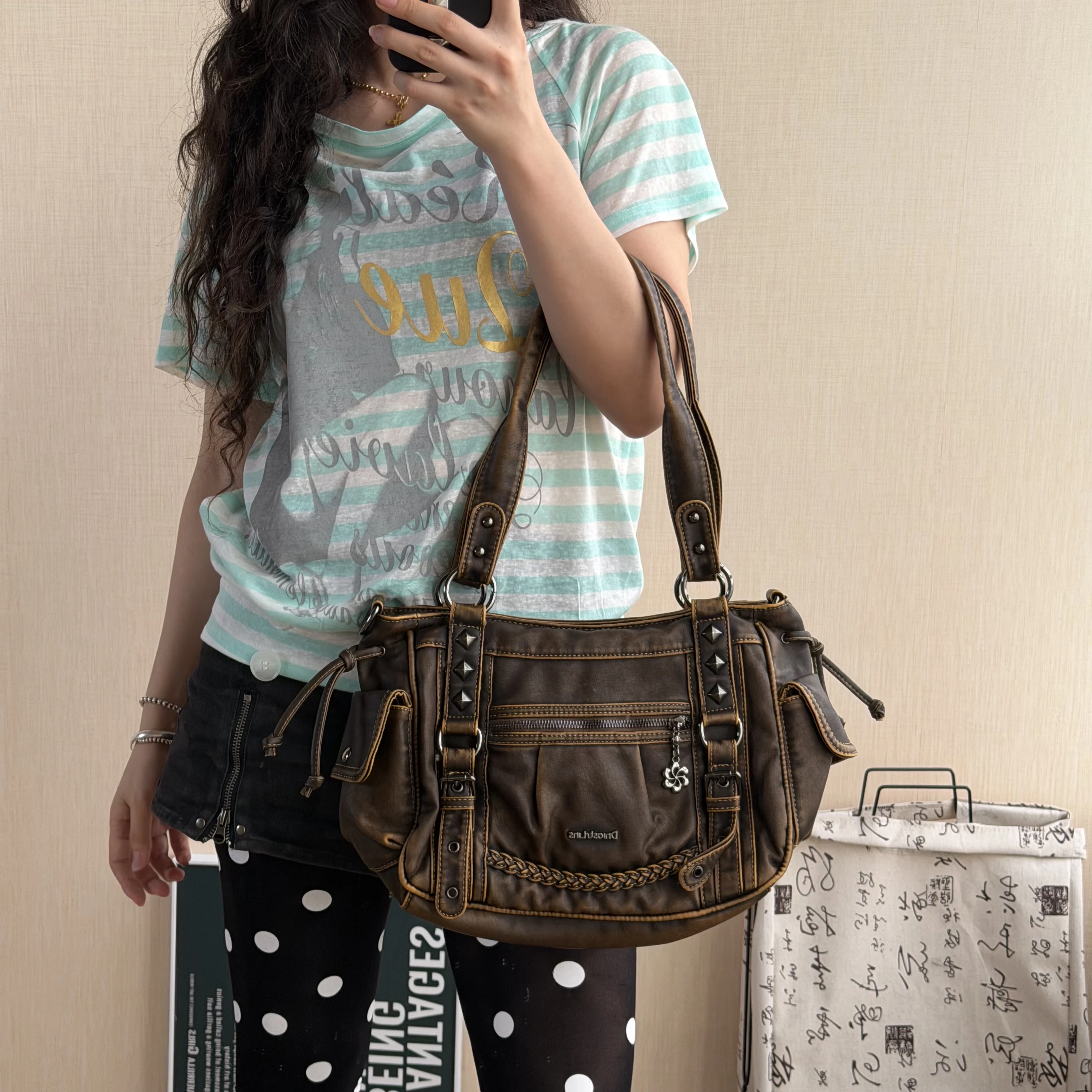 Original Subculture Spice Girls Retro Do Old Motorcycle Bag Women Large Capacity Shoulder Tote Bags for Women