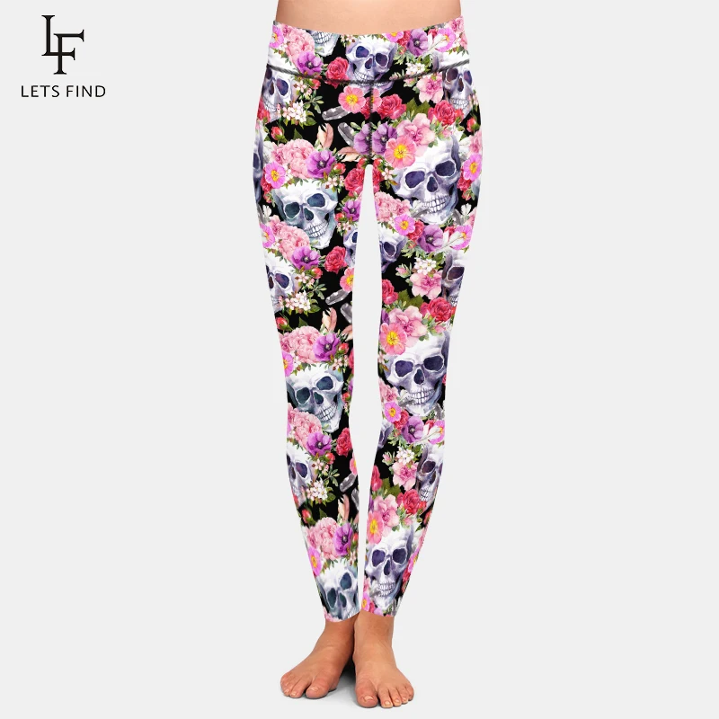 LETSFIND Fashion Sexy Printed Leggings 3D Human Skulls with Flowers Print Women High Waist Comfortable Leggings