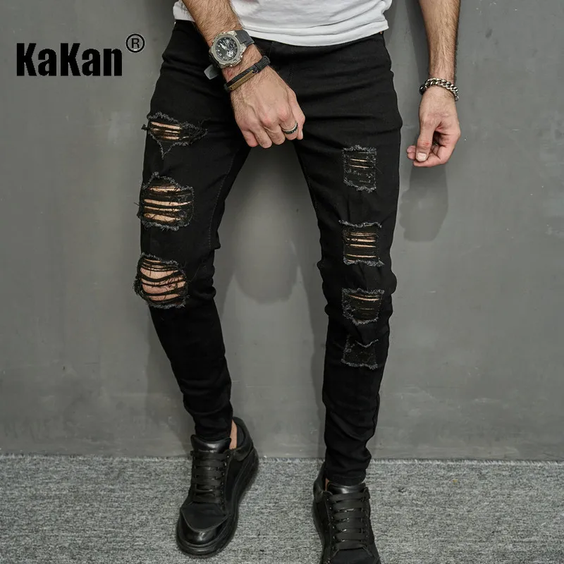 

Kakan - European and American New Knee Hole Black Jeans for Men, High Street Fashion Slim Fit Elastic Denim Pants K9-1024