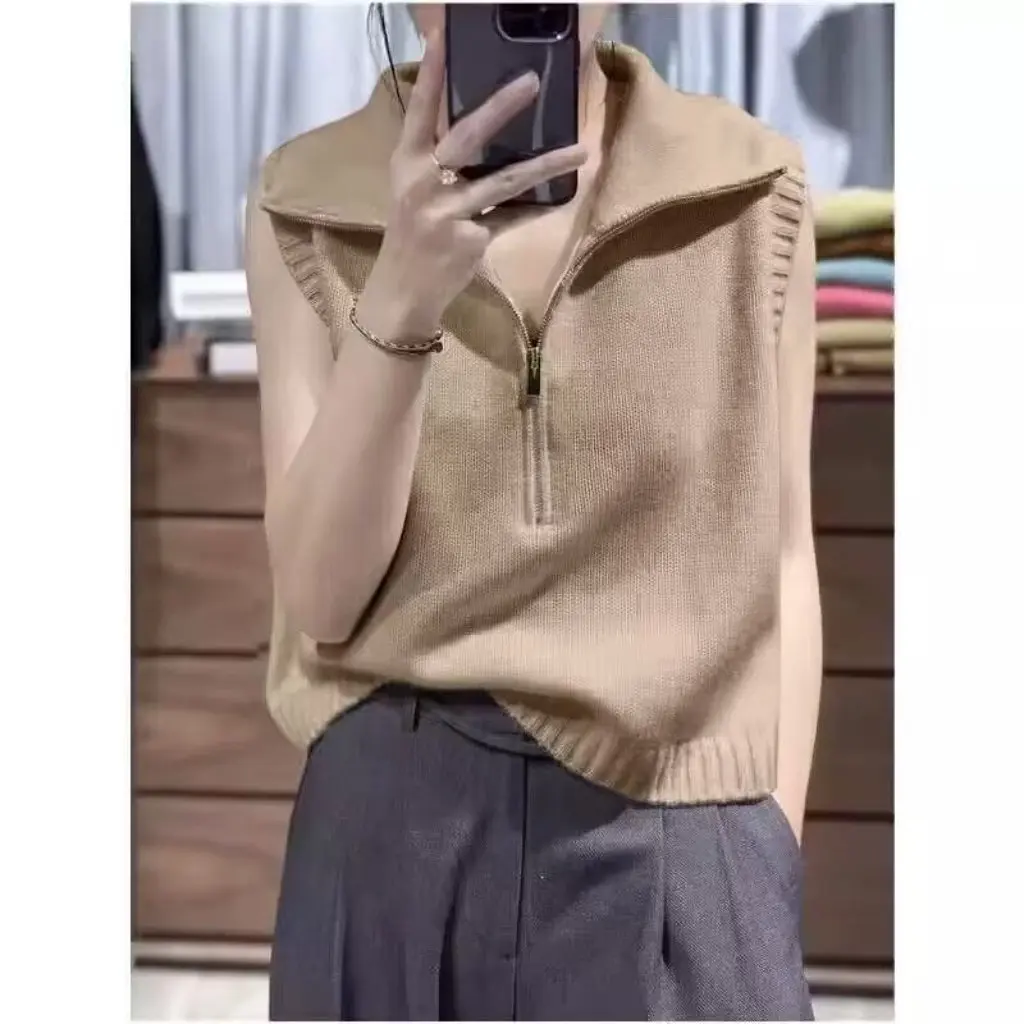 

Women's Casual Fashion Knitted Vest Half Zipper Design Slim Fit Elegant Stacked Wear Sense Lassel