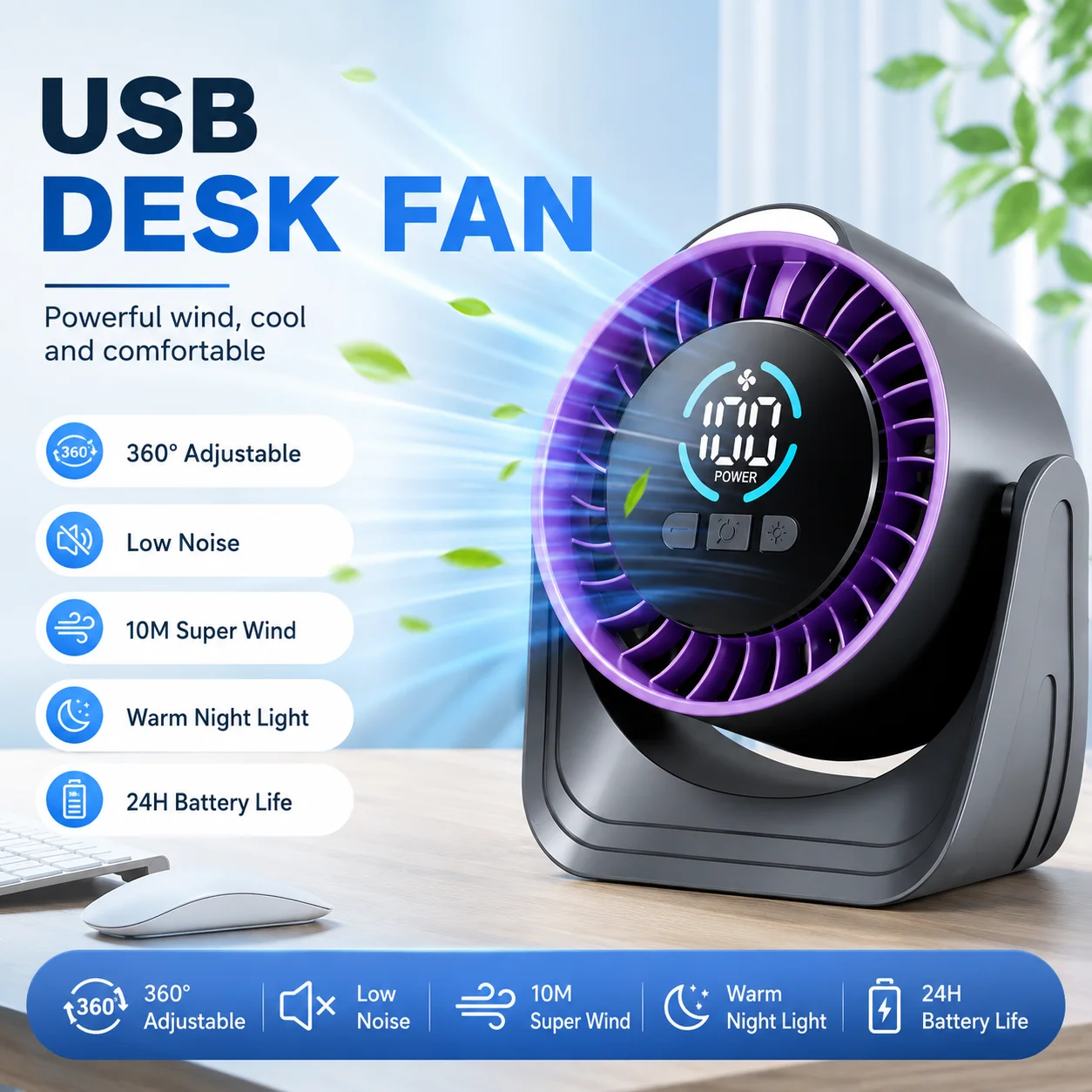 USB Circulation Fan 3D Natural Forest Wind 10M Long Distance Wind Ambient Night Light Low Noise Anti Slip Base ABS Shell Household Air Cooler