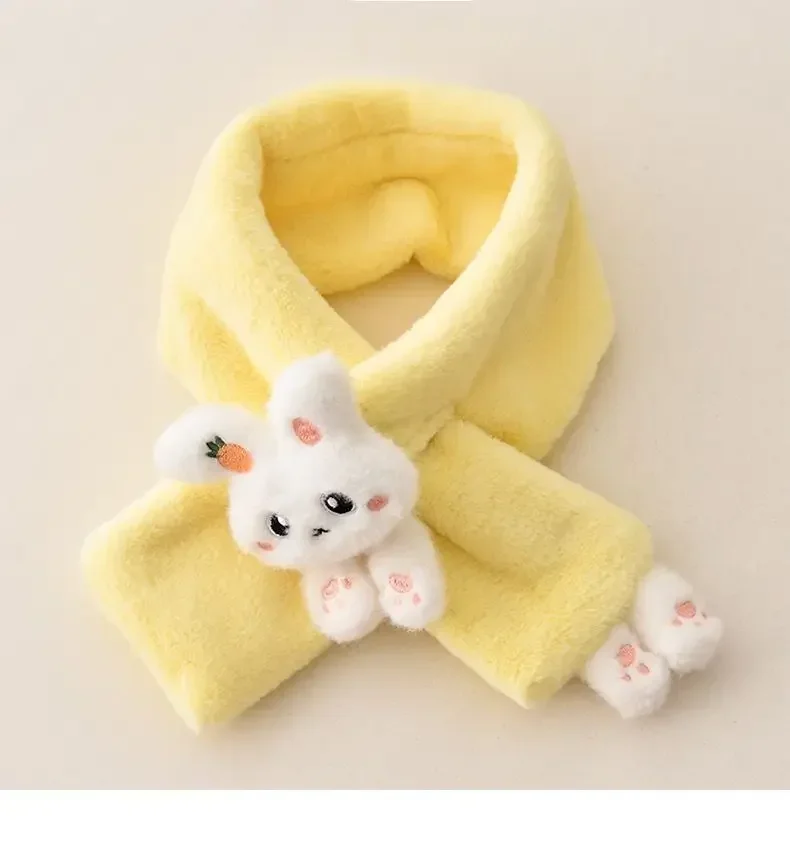 Boys Girls Winter Scarfs Thick Plush Cross Children\'s Scarf Baby Bib Cute Cartoon Rabbit Faux Fur Neck Protection Warm Shawl