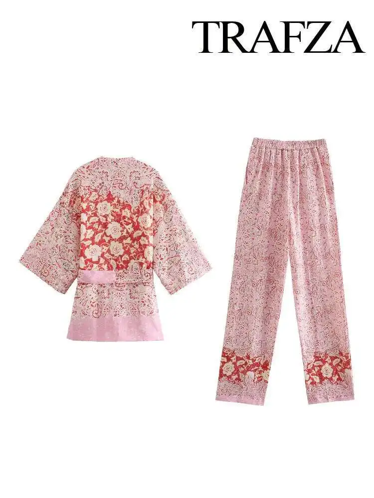 

New Summer 2-Piece Set Retro Pink Printed Kimono Style Jacket + Elastic High Waist Women's Slim Street Pants