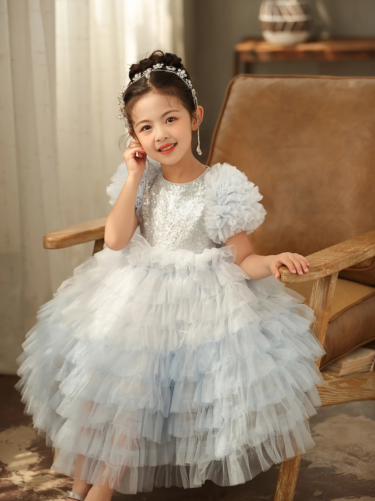 Girls Floral Girls Dress Sequin Cake Dress Princess Dress Tufted tulle Dress Junior Bridesmaid Dress/Customizable