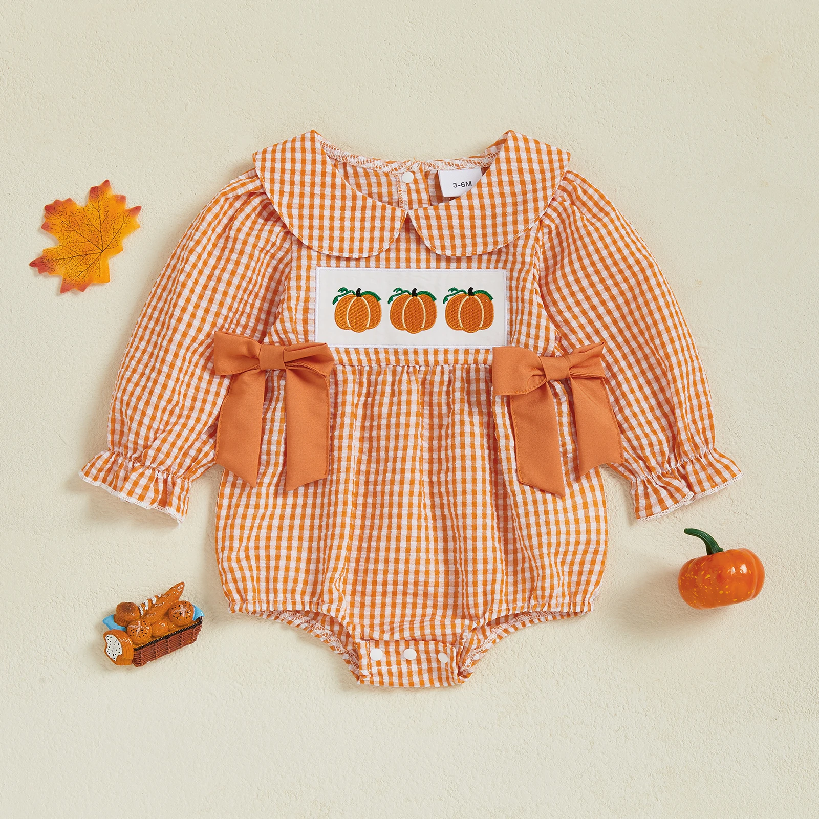 

VISgogo 0-18 Months Baby Girl Halloween Plaid Romper Pumpkin Embroidery Long Sleeve Doll Collar Bow Decor Jumpsuit