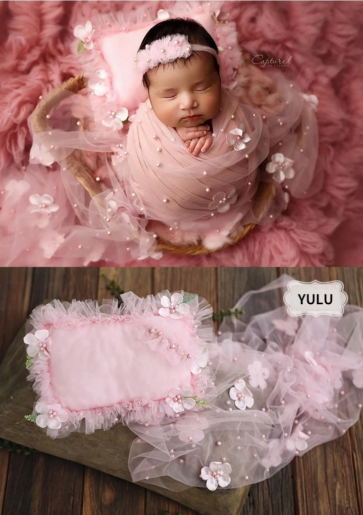 Baby Flower Lace Newborn Photography Props Pearl Mesh Wrap Background Cloth Pillow for Photo Shoot Studio Props Accessories