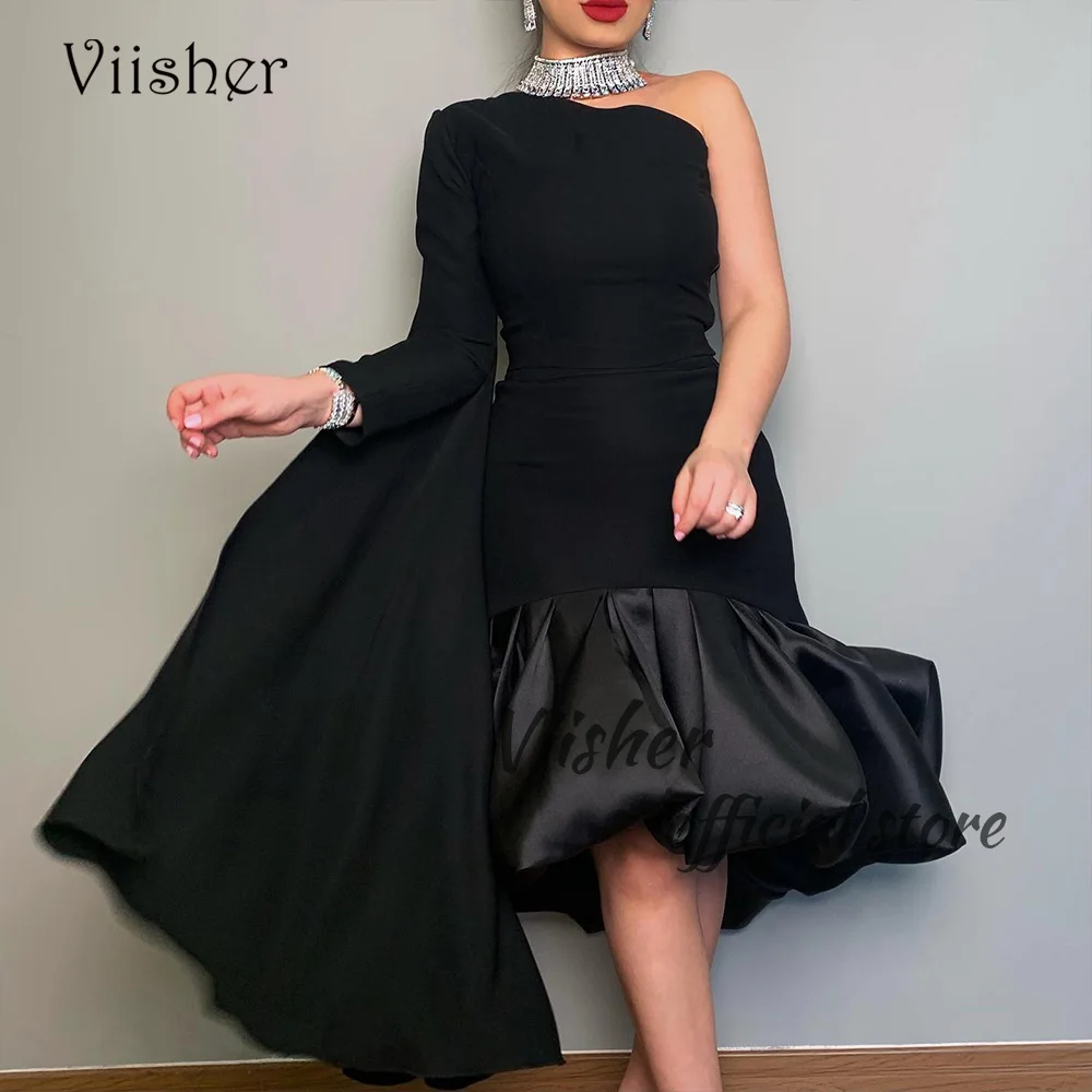 

Viisher Black One Shoulder Mermaid Evening Dresses Pleats Satin Knee Length Formal Prom Dress Dubai Arabia Evening Gowns