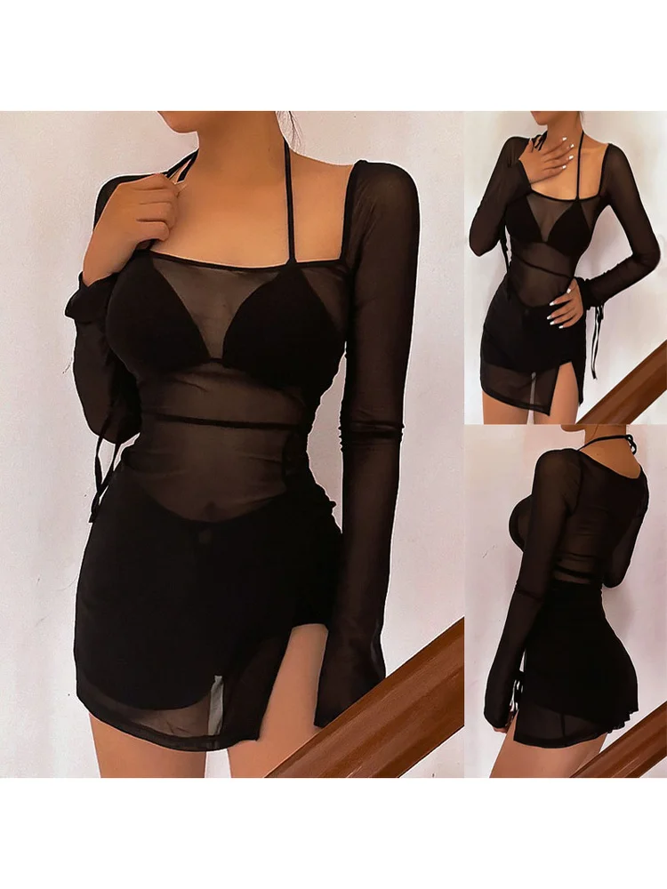 

Летнее женское платье 2026 года для трансграничной торговли, сетчатое, с длинным рукавом, прозрачное, сексуальное, цветное, повседневное, из полиэфирного волокна